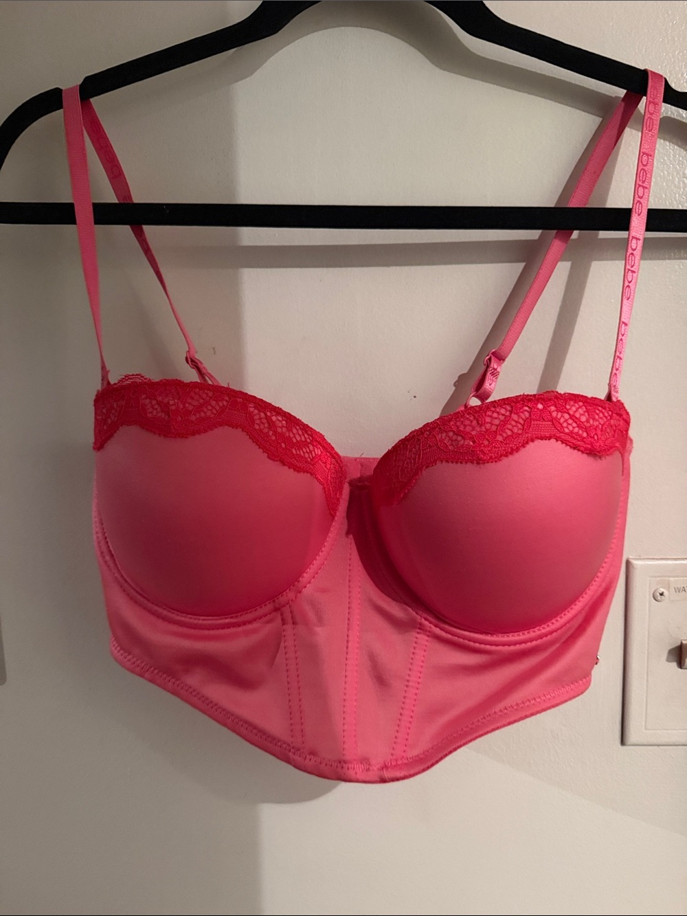 bebe Hot Pink Lace-Trim Longline Bra